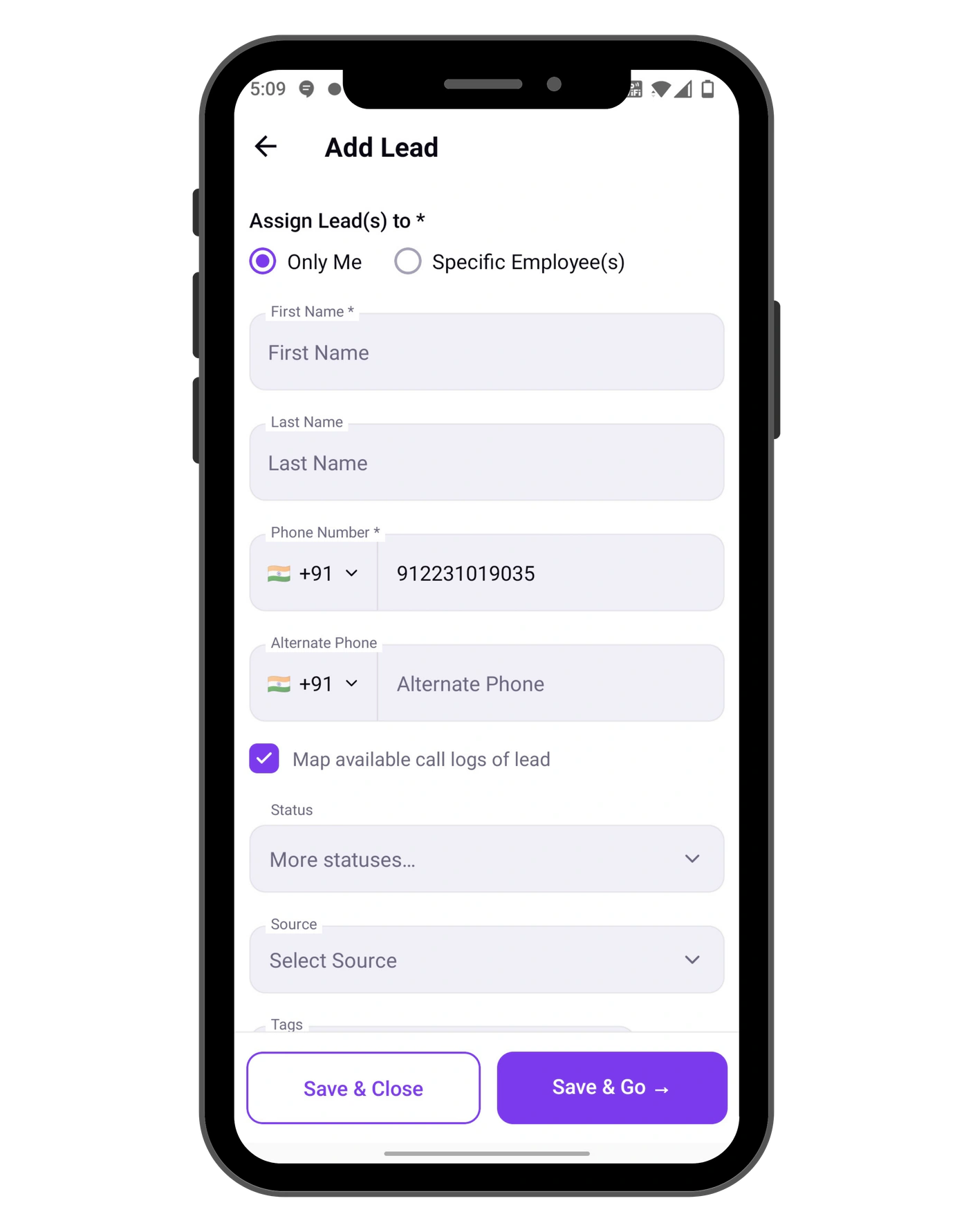 CallPulse lead creation form