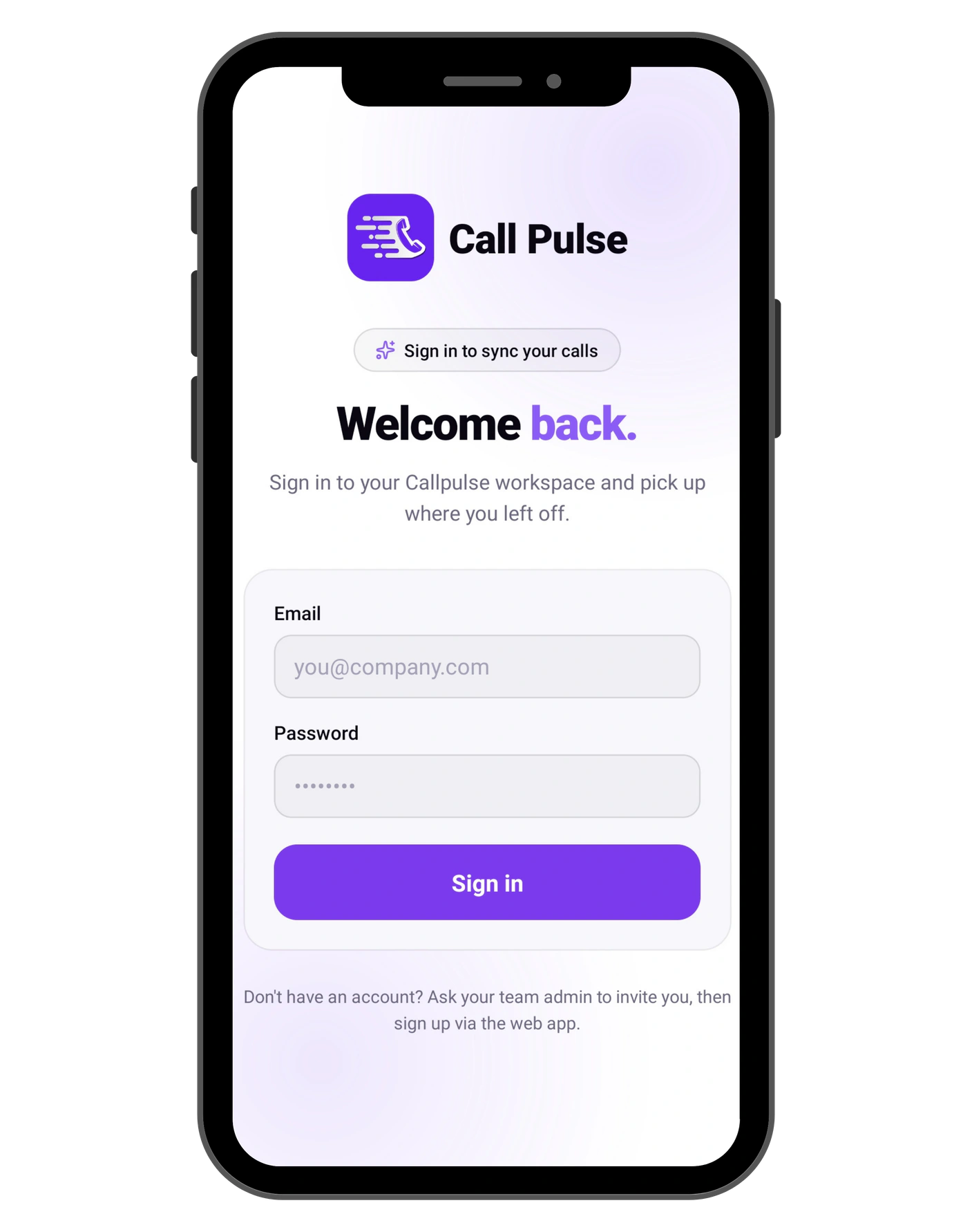 CallPulse secure organization sign-in screen