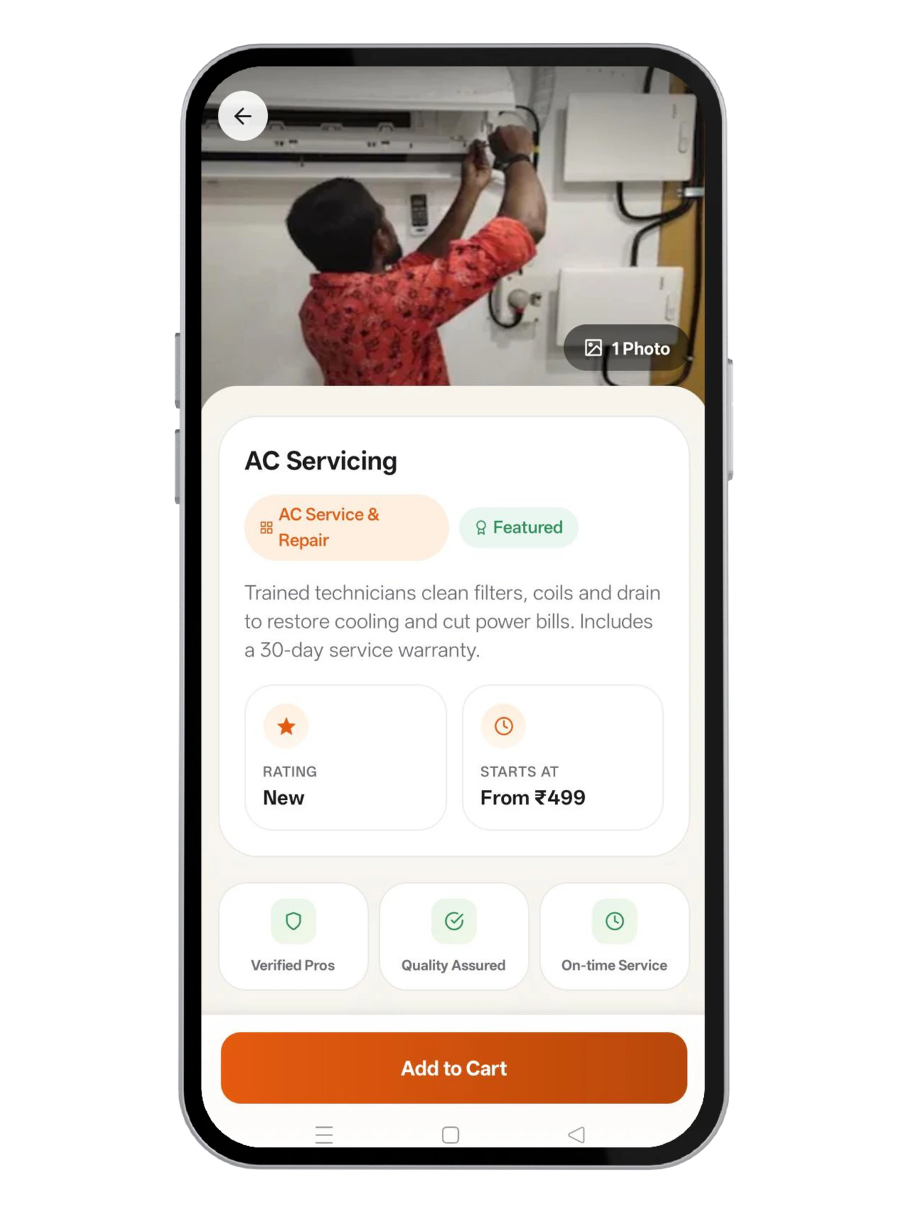 AC servicing detail screen with price and trust indicators