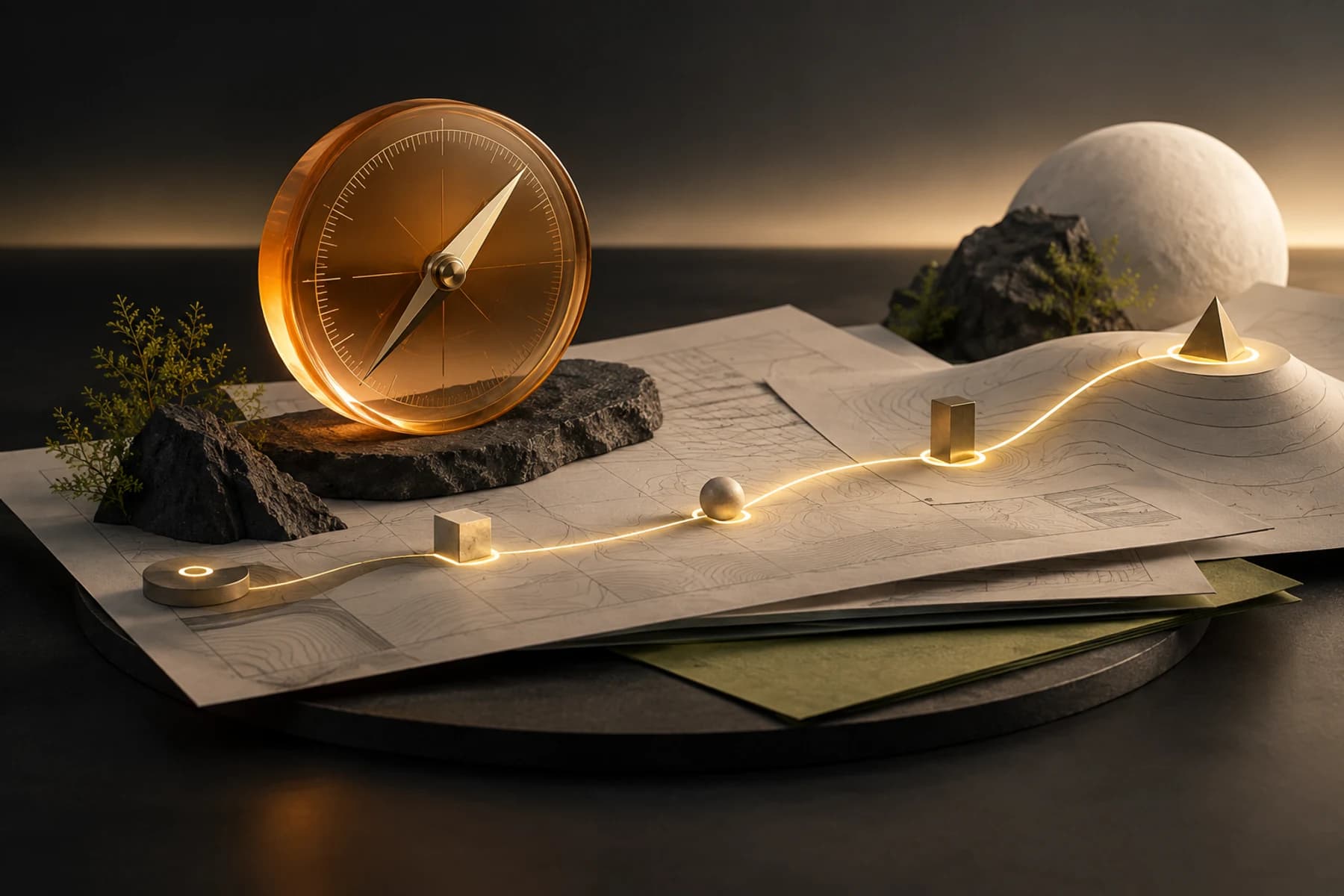 Abstract compass, plans, and a luminous path representing product discovery