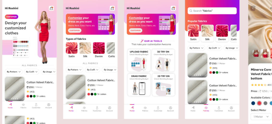 Final Unig mobile interface screens for fabric browsing and customization