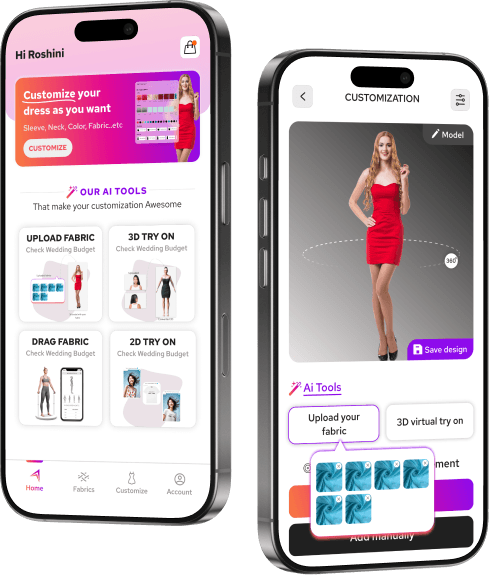 Two Unig mobile screens showing customization and virtual try-on