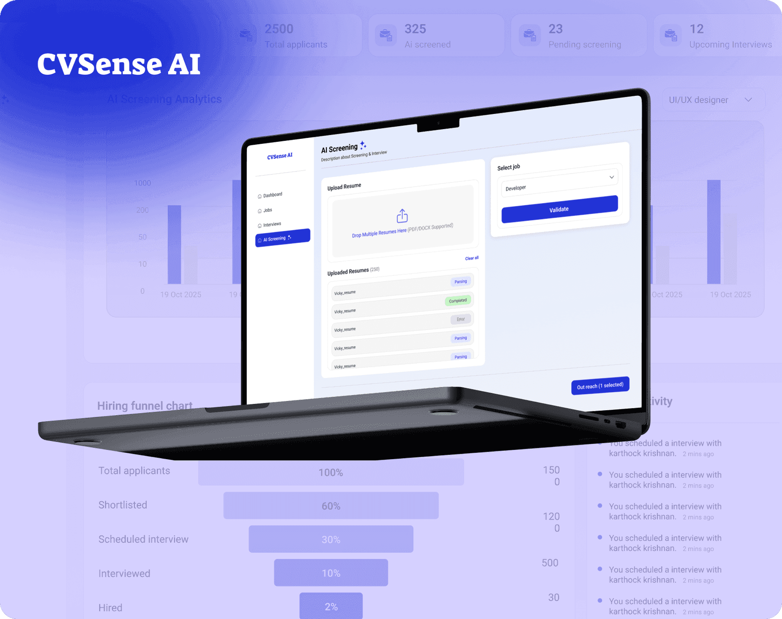 CVSense AI Recruiter application screens
