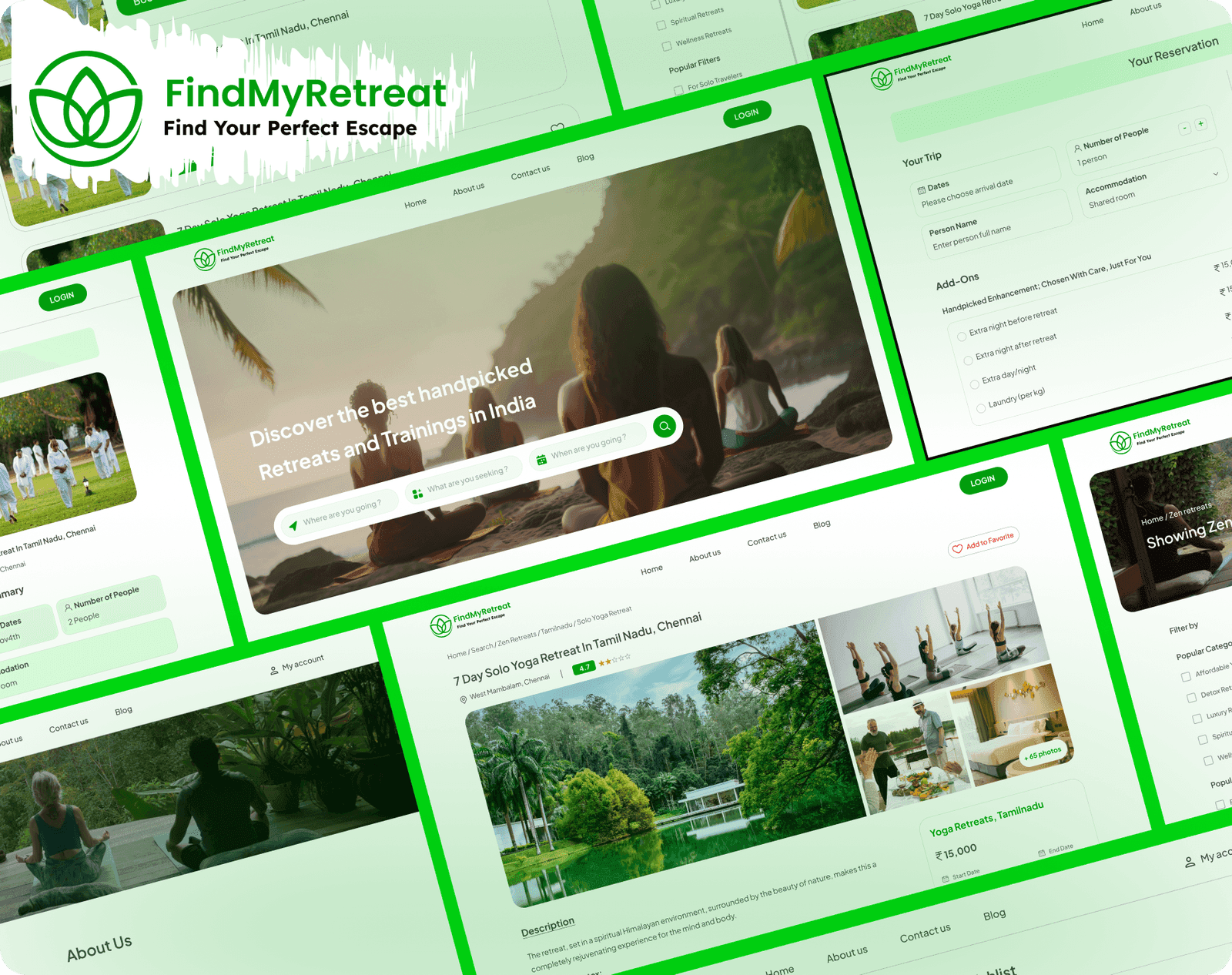 FindMyRetreat website screens